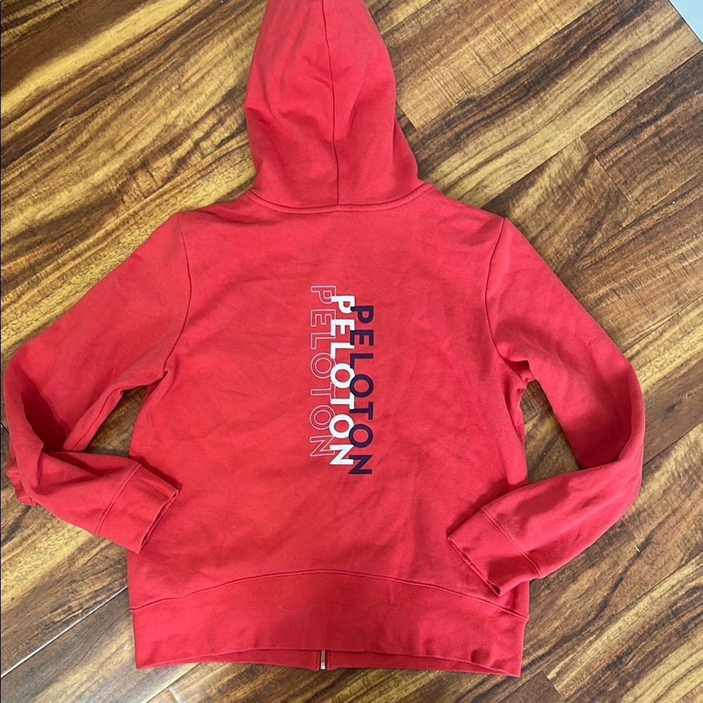 Peloton Red Zip-Up Hoodie with purple Accents size large EUC
